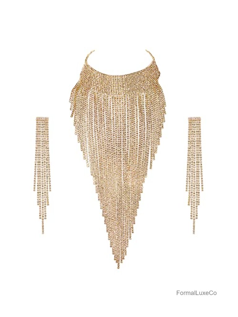 Rhinestone Tassel Choker Necklace And Chandelier Earrings Set